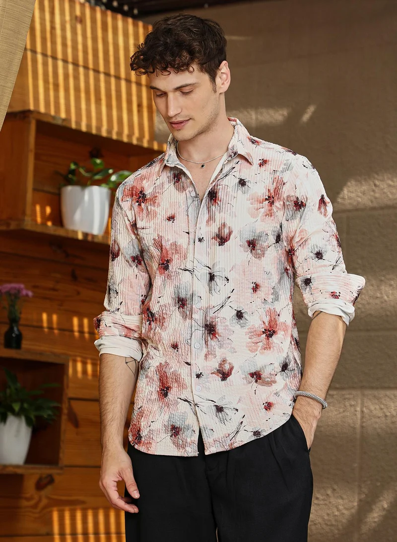 Campus Sutra Men's Off-White & Terracotta Brown Stained-Flora Shirt
