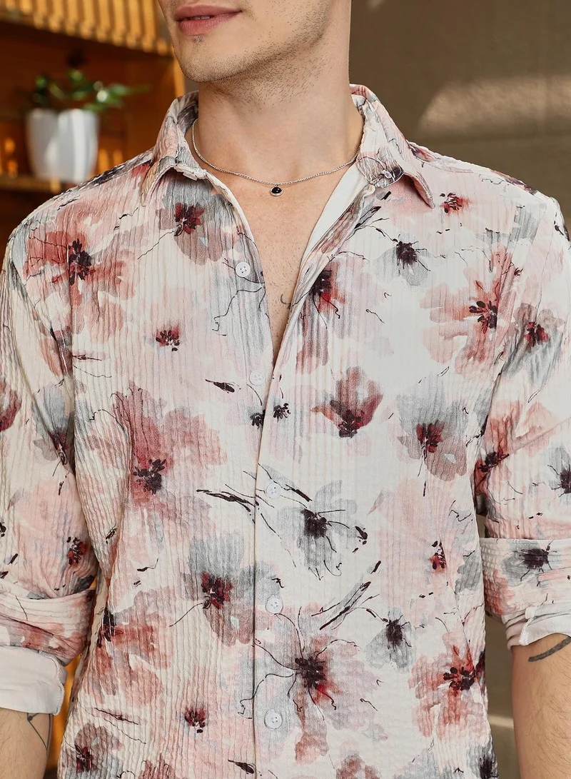 CAHOOT  Men's Off-White & Terracotta Brown Stained-Flora Shirt for Men | Best Price UAE