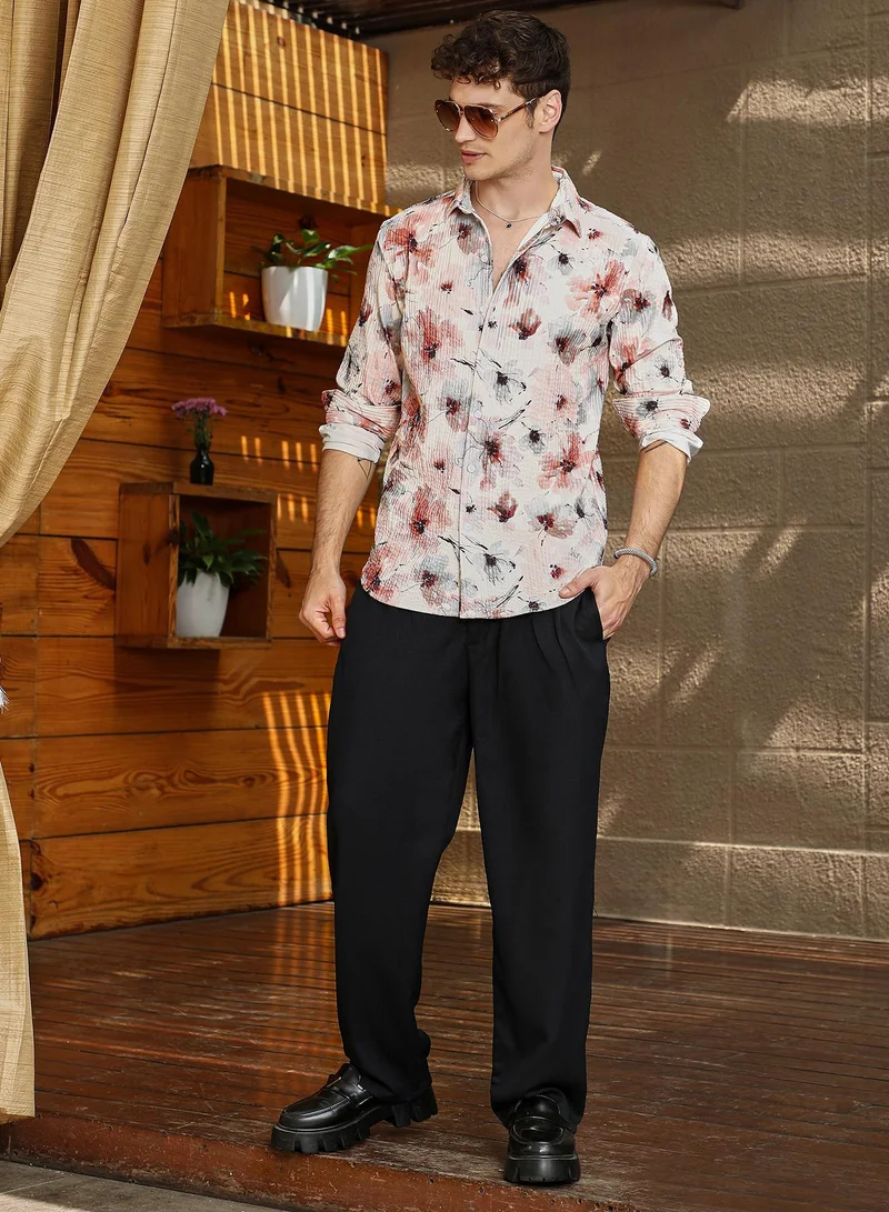 CAHOOT  Men's Off-White & Terracotta Brown Stained-Flora Shirt for Men | Best Price UAE