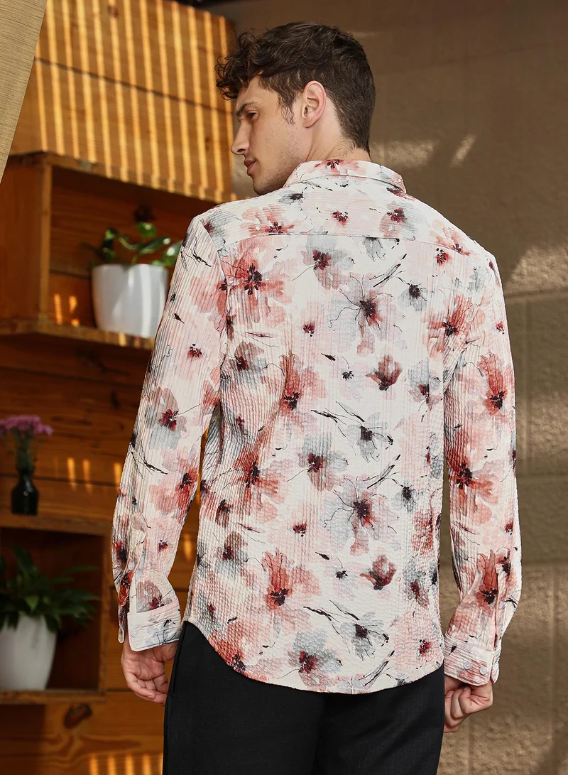 CAHOOT  Men's Off-White & Terracotta Brown Stained-Flora Shirt for Men | Best Price UAE