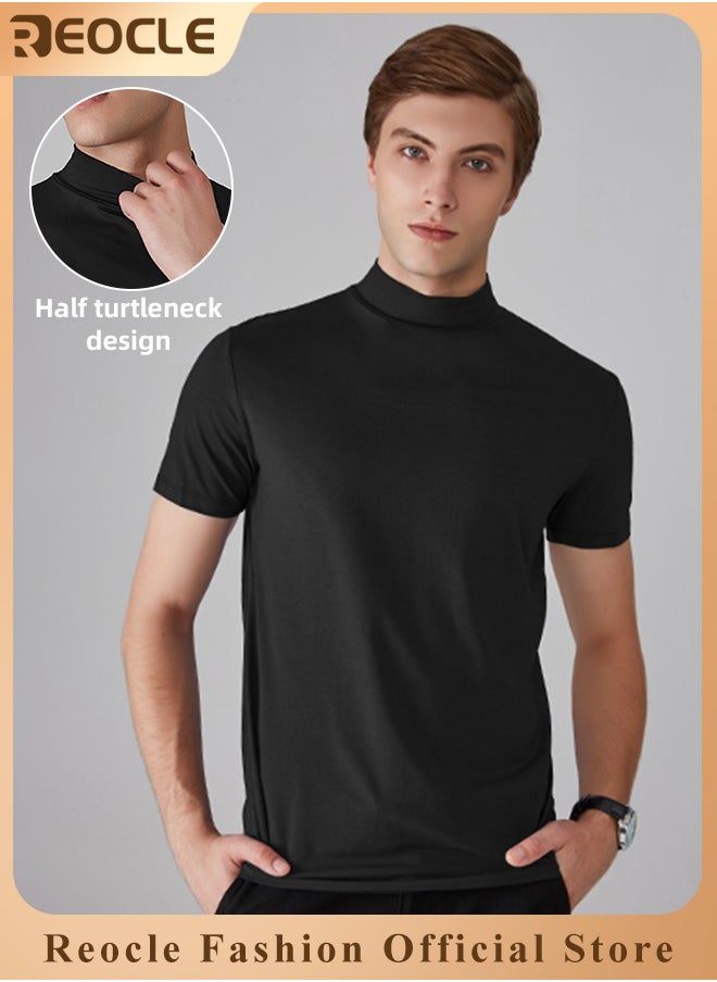 REOCLE Men's T Shirt Short Sleeve Basic Turtleneck Slim Fit Undershirt Pullover Solid Tops Thin Lightweight Tees Sport Shirt  - Image 1