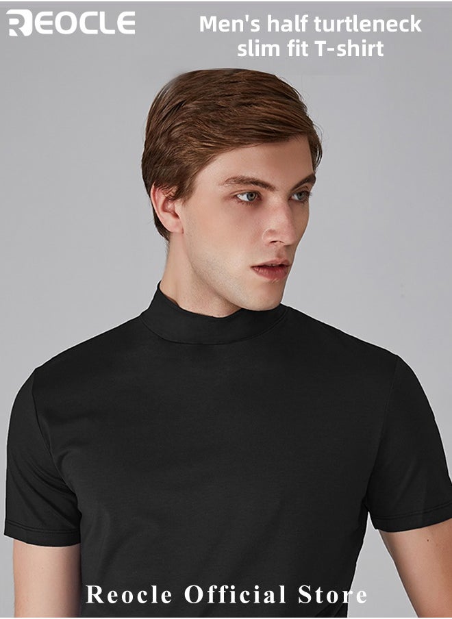 REOCLE Men's T Shirt Short Sleeve Basic Turtleneck Slim Fit Undershirt Pullover Solid Tops Thin Lightweight Tees Sport Shirt  - Image 2