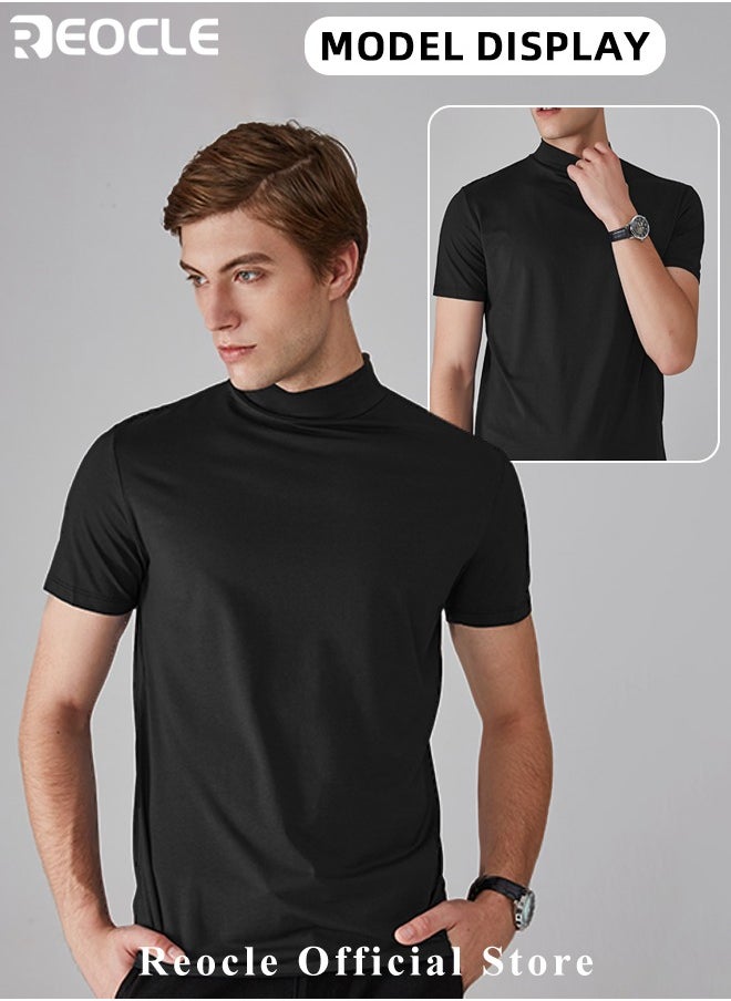 REOCLE Men's T Shirt Short Sleeve Basic Turtleneck Slim Fit Undershirt Pullover Solid Tops Thin Lightweight Tees Sport Shirt  - Image 3