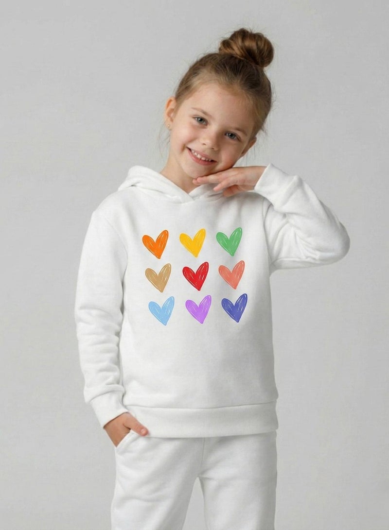 babyqlo Hearts Print Winter Fleece Hoodie for Girls White - Image 4