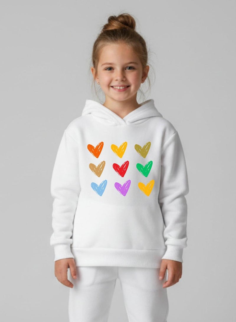 babyqlo Hearts Print Winter Fleece Hoodie for Girls White - Image 1