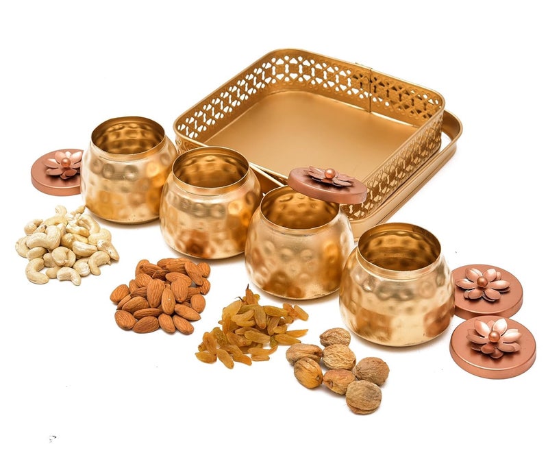 Sanvatsar Square Shape Metal Basket with Jar Tray 4 Copper Flower Container Dry Fruits Chocolate Sweets Candys Gifts Set for Office, Home Decor Table Decoration Item (Pack of 4) - Image 4