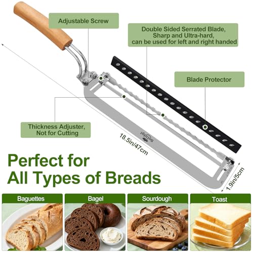 Solldgt Adjustable Bread Slicer for Homemade Bread - Upgrade Manual Sourdough Bread Knife with Thickness Guide, Bread Bow Cutter with Serrated Stainless Blade for Baguettes, Gift for Baker, Ambidextrous Use - Image 3