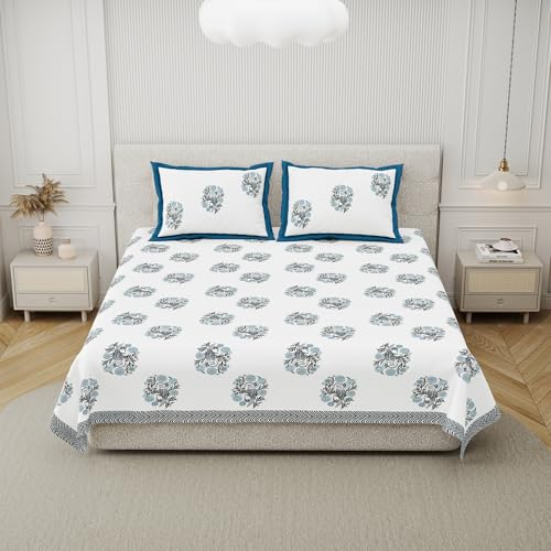 DE CAMA Since 1997 | 100% Cotton 300 TC Premium King Size Bedsheet for Double Bed (90 x 108 Inch) with 2 Pillow Covers Set (17 x 27 Inch) Designer Printed Bedsheet Set - Birds of Wings Blue - Image 5