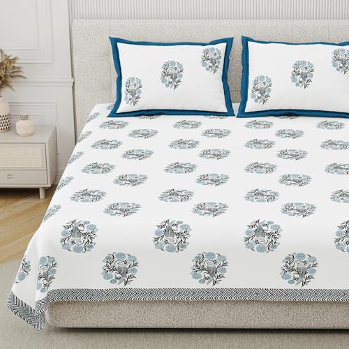 DE CAMA Since 1997 | 100% Cotton 300 TC Premium King Size Bedsheet for Double Bed (90 x 108 Inch) with 2 Pillow Covers Set (17 x 27 Inch) Designer Printed Bedsheet Set - Birds of Wings Blue - Image 1
