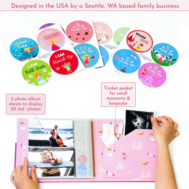 RubyRoo Baby كتاب ذكريات بيبي رو - دفتر milestones لفتاة البيبي - ألبوم صور تذكاري للبيبي - كتاب قصاصات للأعوام الخمسة الأولى - هدية حمل لحفلة استقبال المولود، كتاب سجل من 60 صفحة بغلاف صلب للمولود الجديد - أرض الجنيات - Image 4