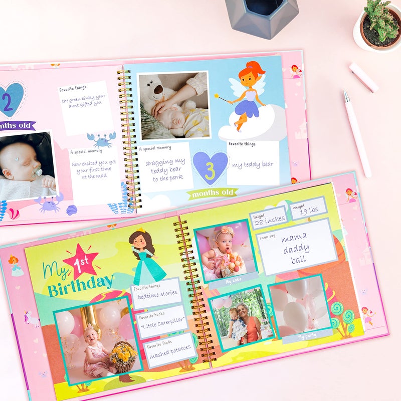 RubyRoo Baby كتاب ذكريات بيبي رو - دفتر milestones لفتاة البيبي - ألبوم صور تذكاري للبيبي - كتاب قصاصات للأعوام الخمسة الأولى - هدية حمل لحفلة استقبال المولود، كتاب سجل من 60 صفحة بغلاف صلب للمولود الجديد - أرض الجنيات - Image 2