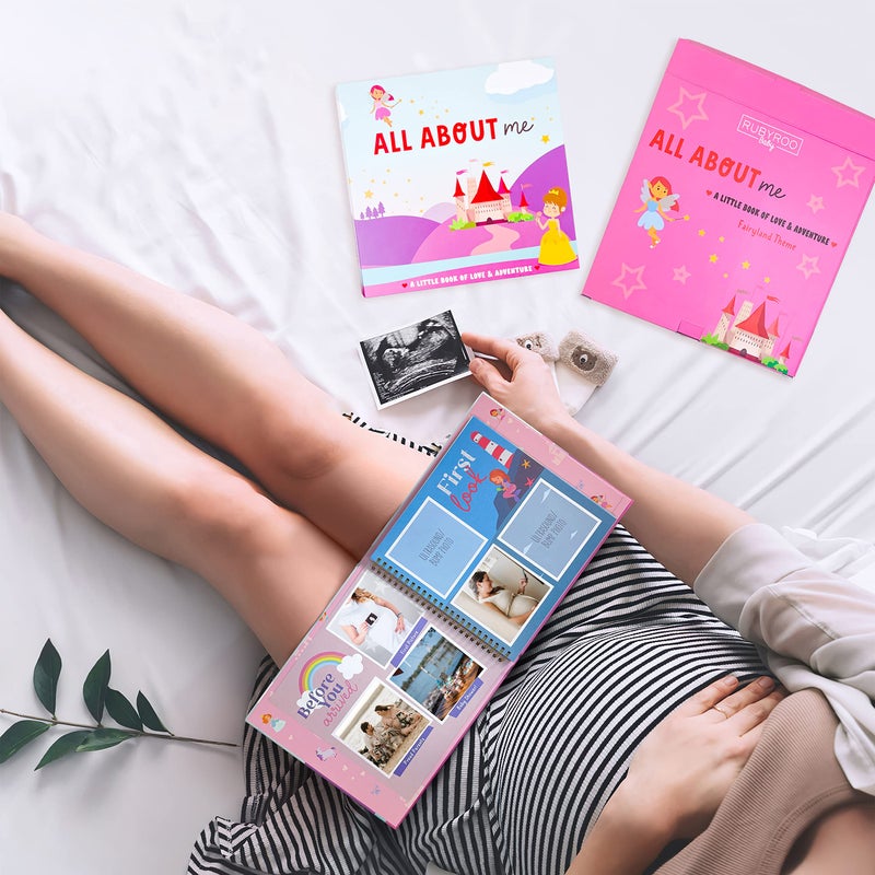 RubyRoo Baby كتاب ذكريات بيبي رو - دفتر milestones لفتاة البيبي - ألبوم صور تذكاري للبيبي - كتاب قصاصات للأعوام الخمسة الأولى - هدية حمل لحفلة استقبال المولود، كتاب سجل من 60 صفحة بغلاف صلب للمولود الجديد - أرض الجنيات - Image 3