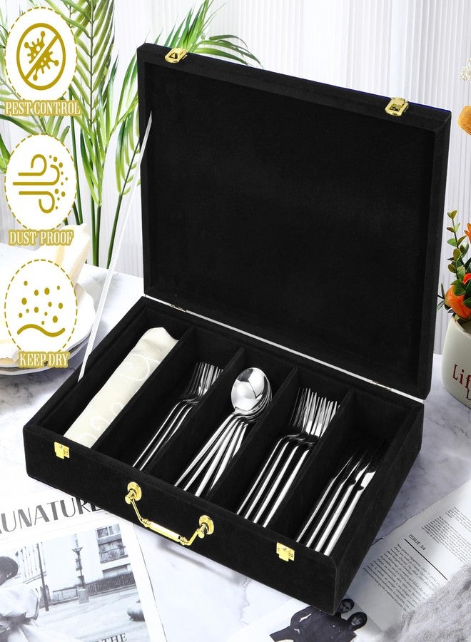 Pickmesh Silverware Case with Lid and Handle, Silverware Storage Box Sterling Silver Flatware Chest Without Silver Tarnish Proof Utensils Organizer for Kitchen Decor Wedding Gifts(Black,1 Layer) - Image 2