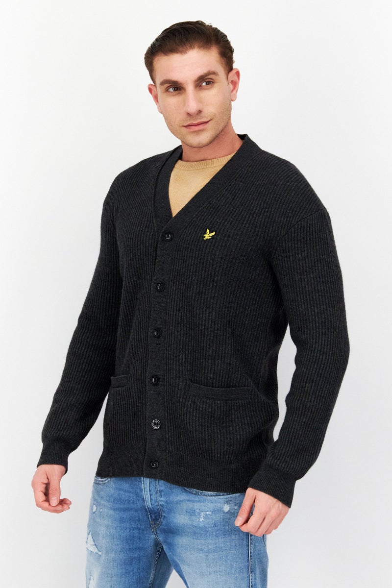 Lyle & Scott Men V-Neck Long Sleeve Brand Logo Cardigans, Grey  - Image 1