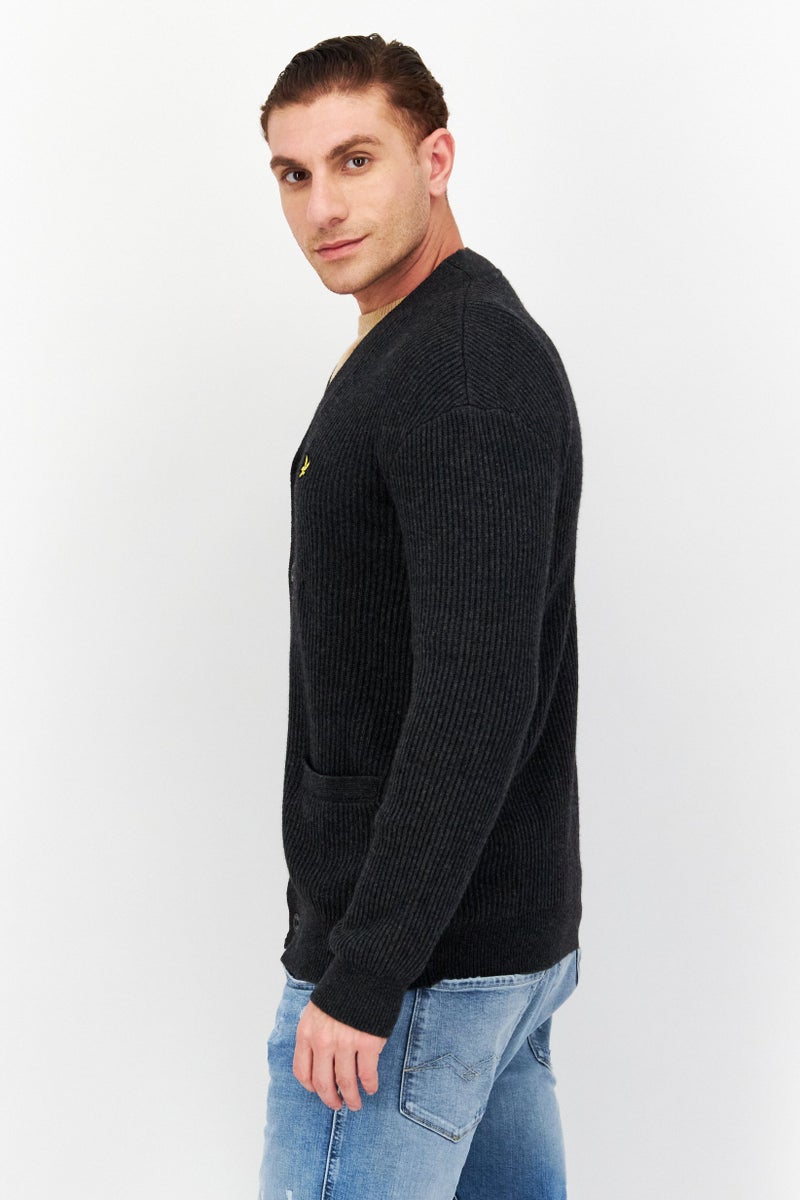 Lyle & Scott Men V-Neck Long Sleeve Brand Logo Cardigans, Grey  - Image 2