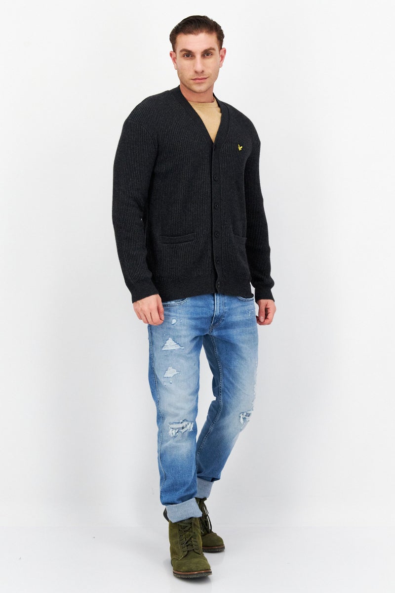 Lyle & Scott Men V-Neck Long Sleeve Brand Logo Cardigans, Grey  - Image 3