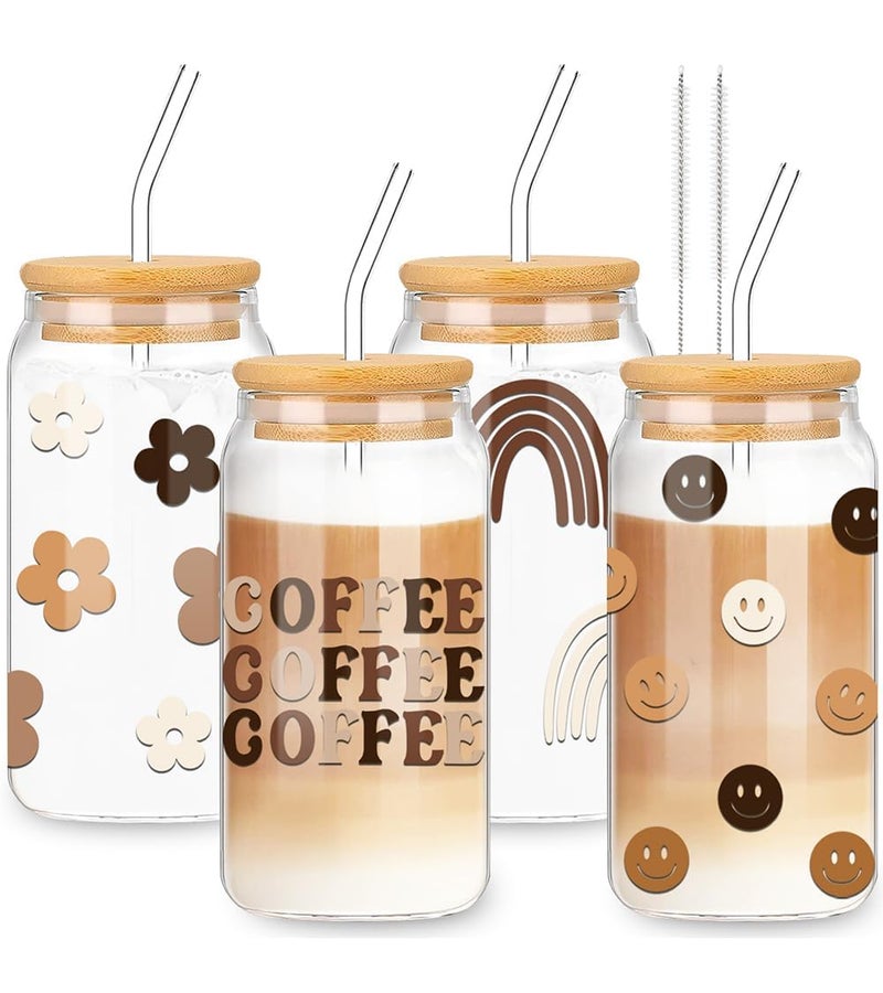 Whaline Drinking Glasses with Bamboo Lids and Glass Straw 4pcs Set  16oz Can Shaped Glass Cup Iced Coffee Glass Ideal for Cocktail Whiskey Gift  2 Cleaning Brushes