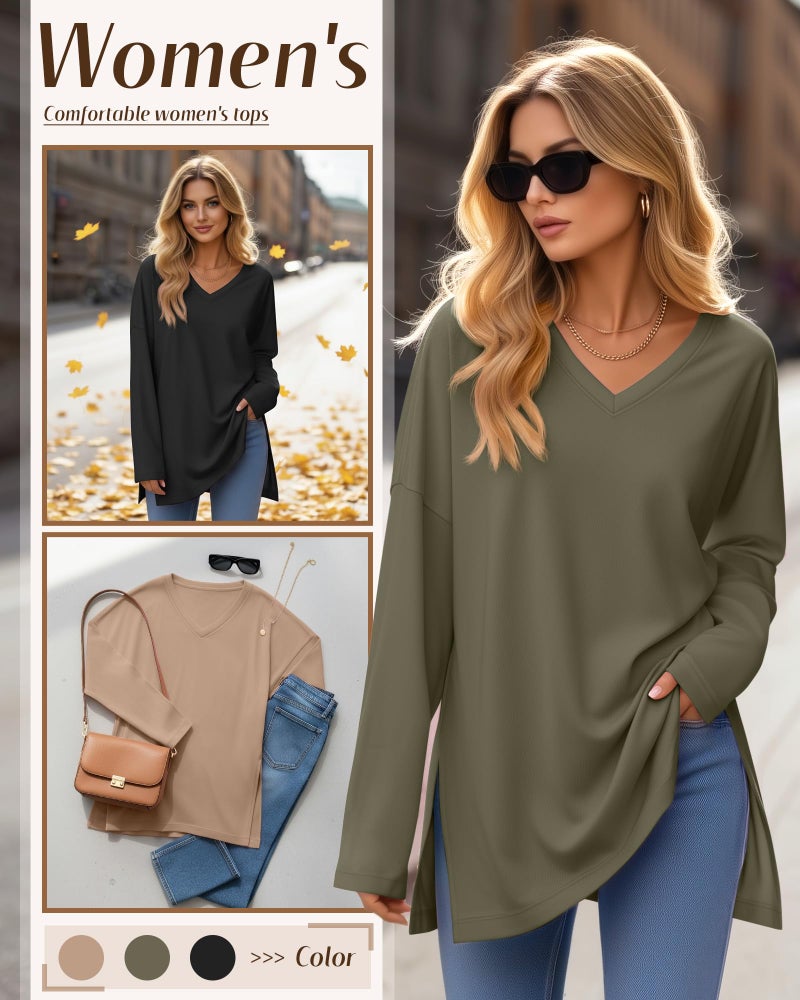 Huukeay 3 Pack Womens Oversized Long Sleeve T Shirts V Neck Knit Casual Workout Tunic Tops Side Split Loose Basic Tees(Black, White, Heather Gray,Large) - Image 2