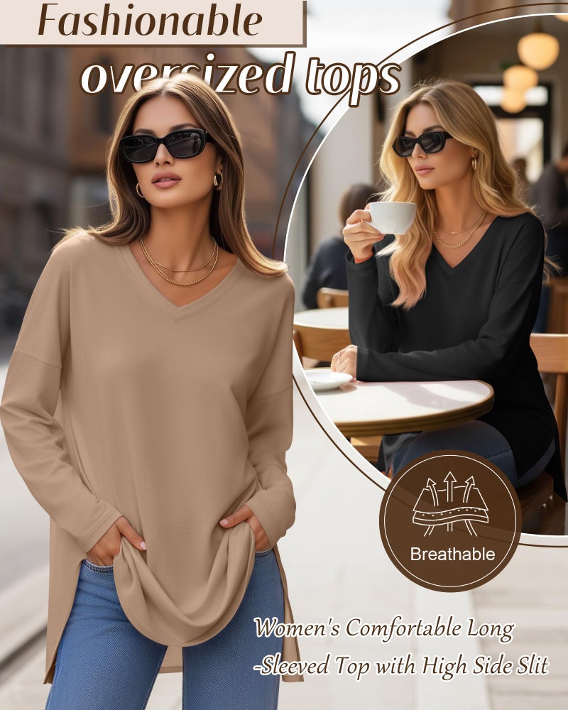 Huukeay 3 Pack Womens Oversized Long Sleeve T Shirts V Neck Knit Casual Workout Tunic Tops Side Split Loose Basic Tees(Black, White, Heather Gray,Large) - Image 3