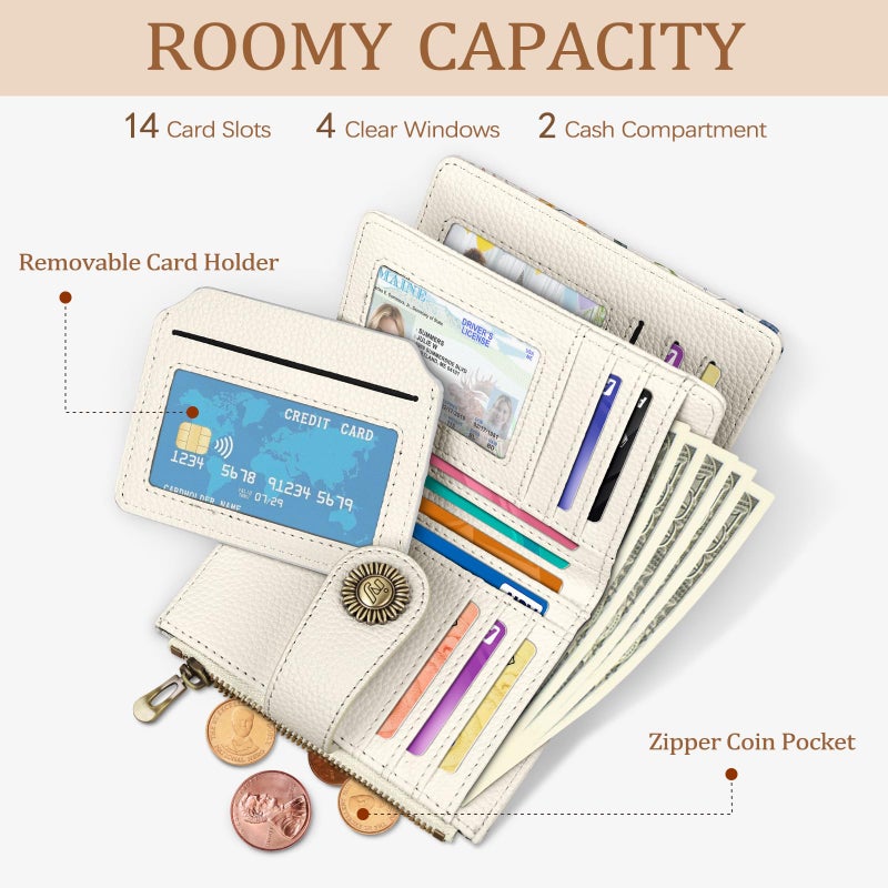 Icycay Floral Flowers Small Wallet Women RFID Blocking Bifold, Credit Card Holder, Zipper Coin Pocket, PU Leather, Compact, Travel, 4 ID Window, 14 Card Slots, Cash Purse, Ladies Woman Female Girls - Image 2