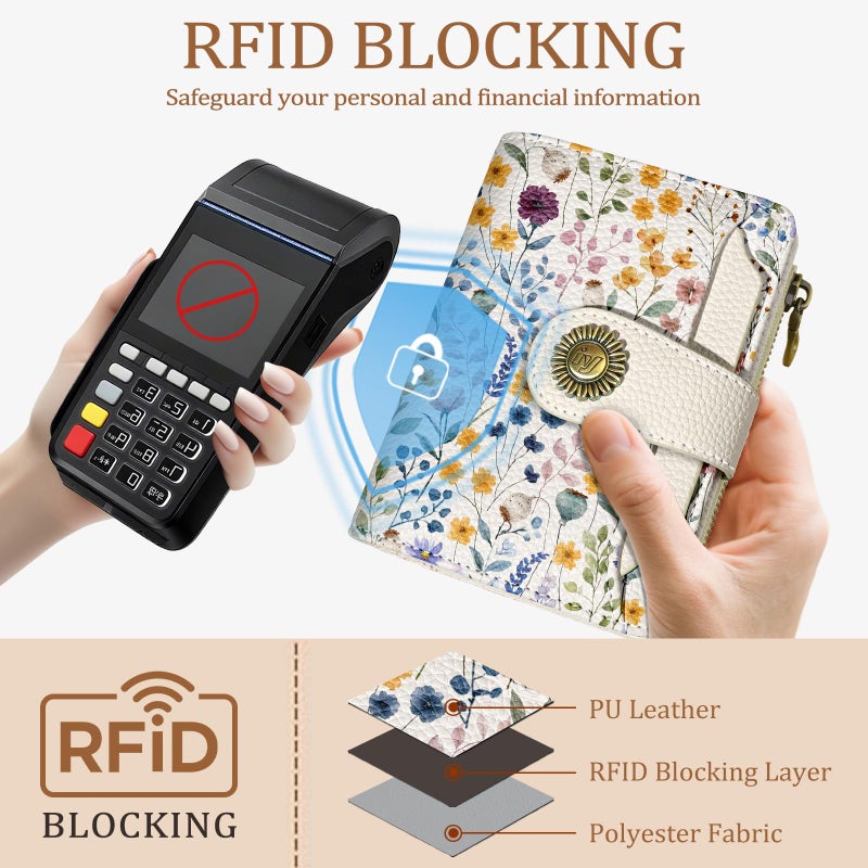 Icycay Floral Flowers Small Wallet Women RFID Blocking Bifold, Credit Card Holder, Zipper Coin Pocket, PU Leather, Compact, Travel, 4 ID Window, 14 Card Slots, Cash Purse, Ladies Woman Female Girls - Image 3