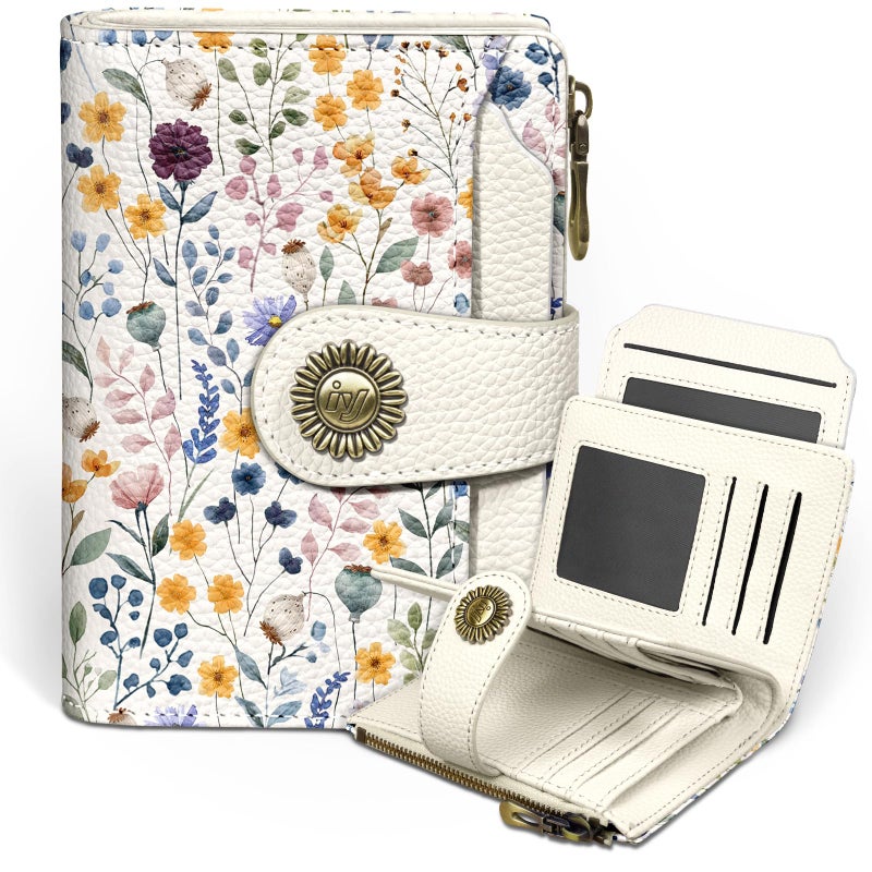 Icycay Floral Flowers Small Wallet Women RFID Blocking Bifold, Credit Card Holder, Zipper Coin Pocket, PU Leather, Compact, Travel, 4 ID Window, 14 Card Slots, Cash Purse, Ladies Woman Female Girls - Image 1