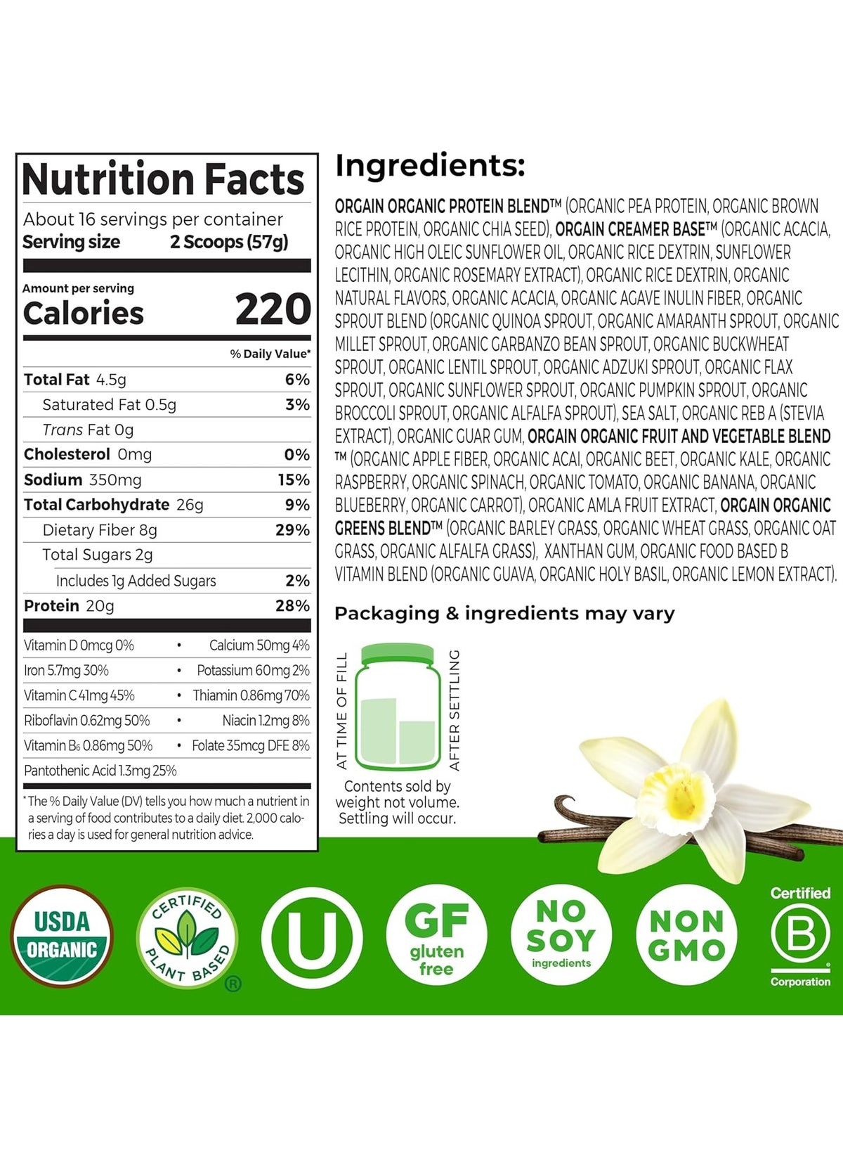 Organic Meal, Vegan Meal Replacement Protein Powder, Vanilla Bean - 20G Plant Based Protein, 6G Prebiotic Fiber, Fruits, Vegetables & Greens, Gluten Free, Shakes & Smoothies, 2.01Lb