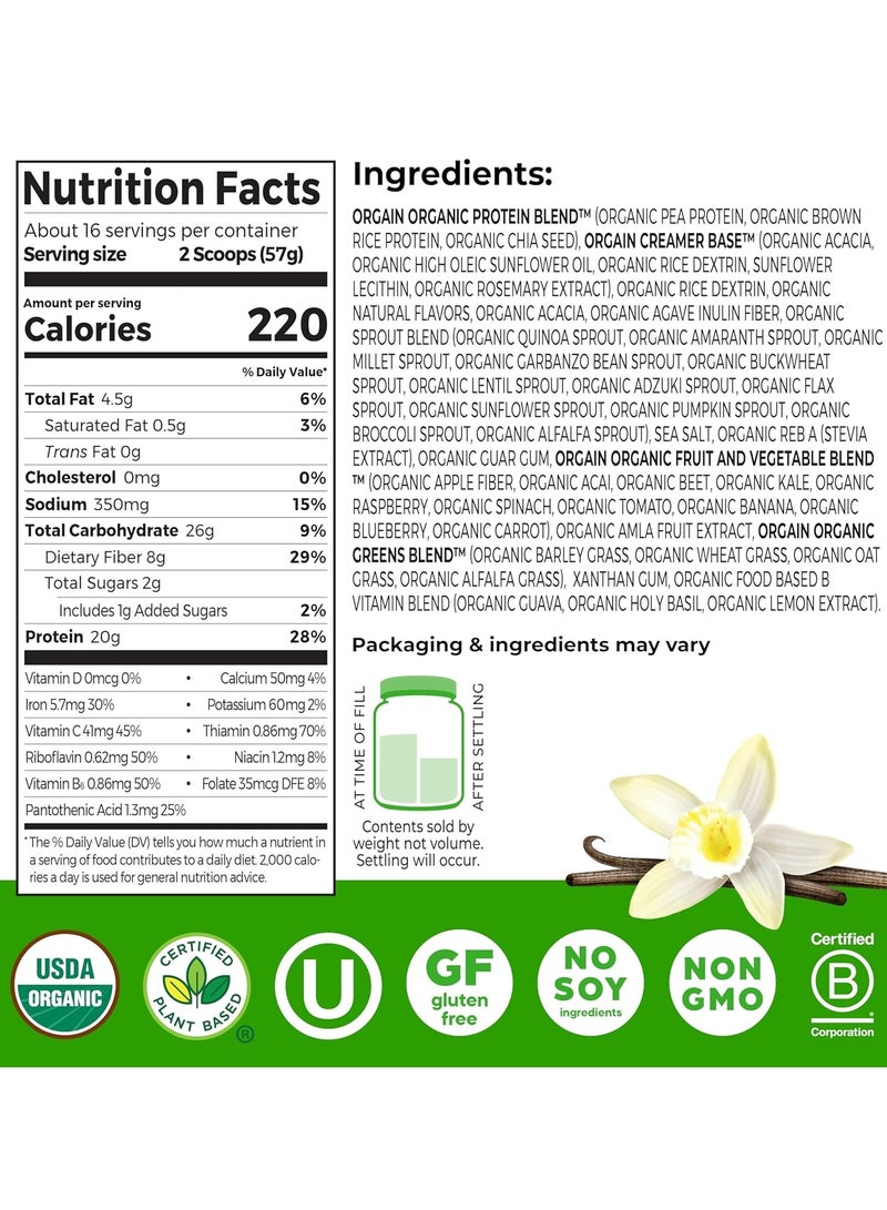 Orgain Organic Meal, Vegan Meal Replacement Protein Powder, Vanilla Bean - 20g Plant Based Protein, 6g Prebiotic Fiber, Fruits, Vegetables & Greens, Gluten Free, Shakes & Smoothies, 2.01lb - Image 2
