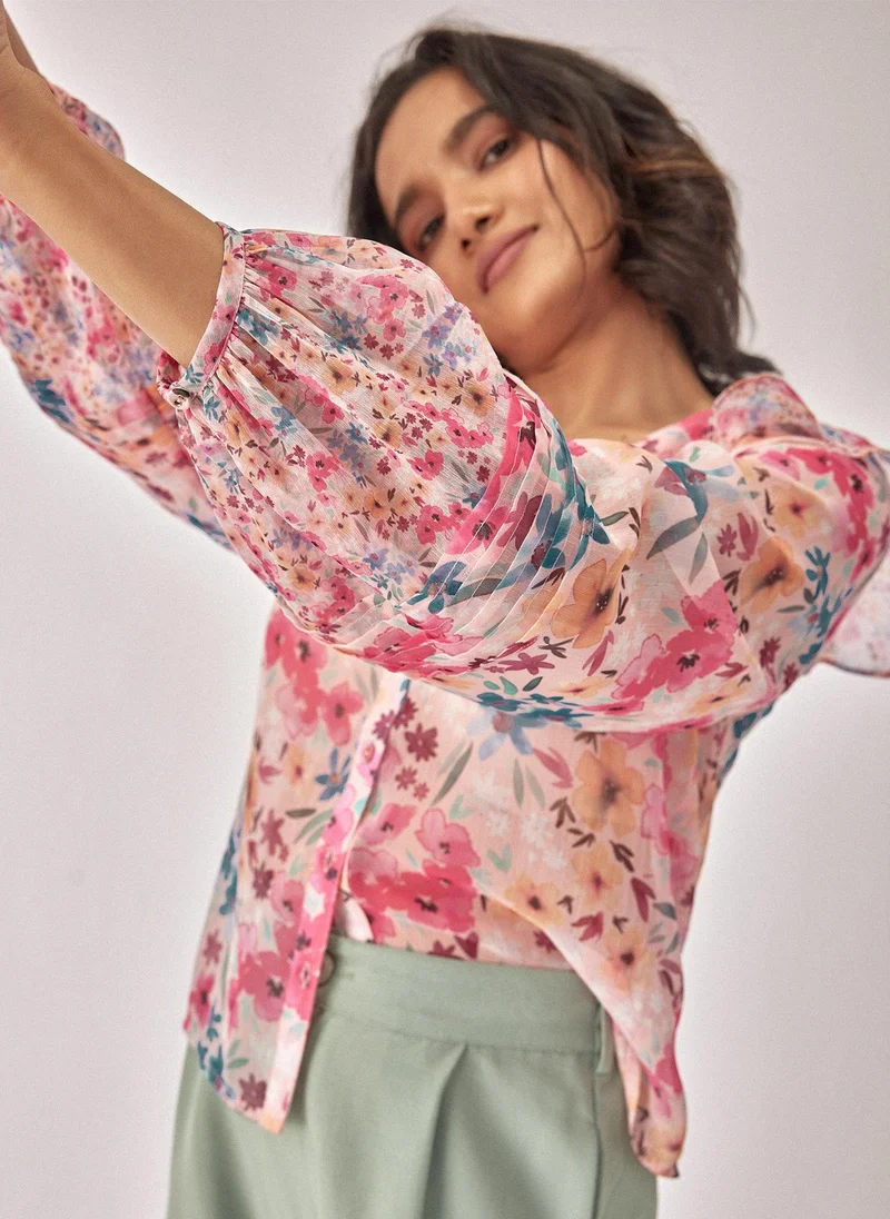 The Label Life Floral Chiffon Pintuck Blouse