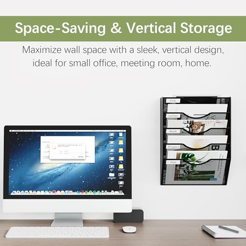 EasyPAG 5 Pocket Mesh Wall File Organizer with Key Hooks Hanging Paper Folder Holder with Classify Label Vertical Wall Mount Mail Organizer for Office Home Classroom, Black - Image 2