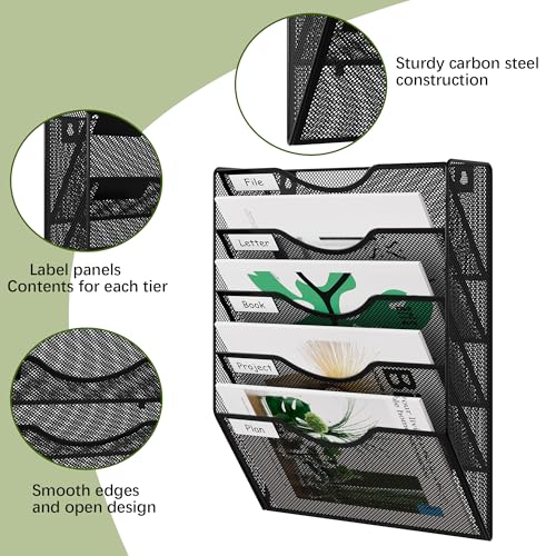EasyPAG 5 Pocket Mesh Wall File Organizer with Key Hooks Hanging Paper Folder Holder with Classify Label Vertical Wall Mount Mail Organizer for Office Home Classroom, Black - Image 3