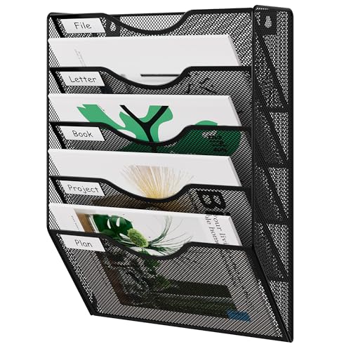 EasyPAG 5 Pocket Mesh Wall File Organizer with Key Hooks Hanging Paper Folder Holder with Classify Label Vertical Wall Mount Mail Organizer for Office Home Classroom, Black - Image 1