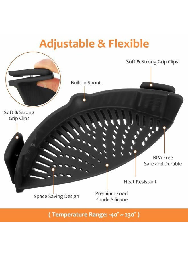 YEVIOR Clip on Strainer for Pots Pan Pasta Strainer, Silicone Food Strainer Hands-Free Pan Strainer, Clip-on Kitchen Food Strainer for Spaghetti, Pasta, Ground Beef Fits All Bowls and Pots - Black - Image 2