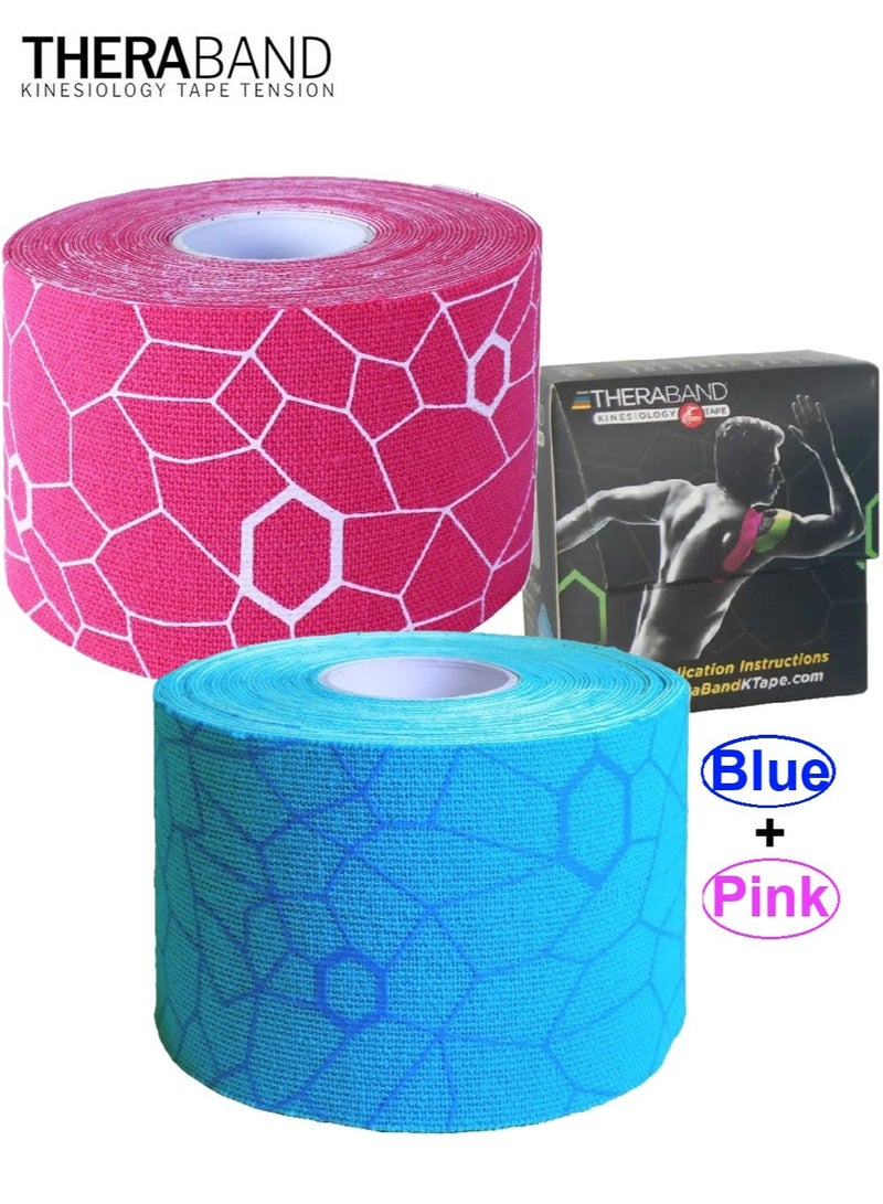 TheraBand 2 TheraBand Kinesiology Tape Waterproof Physio Tape for Pain Relief Muscle and Joint Support, Standard Roll with Xact Stretch Application Indicators ( Blue + Pink ) - Image 1