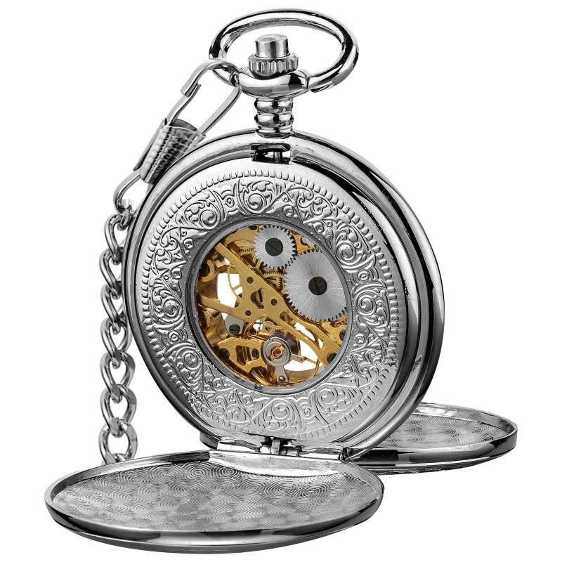 VIGOROSO Mens Pocket Watch with Chain Half Hunter Double Cover Skeleton Mechanical Men Watches Roman, Dad Christmas Gifts for Fathers Day - Image 3