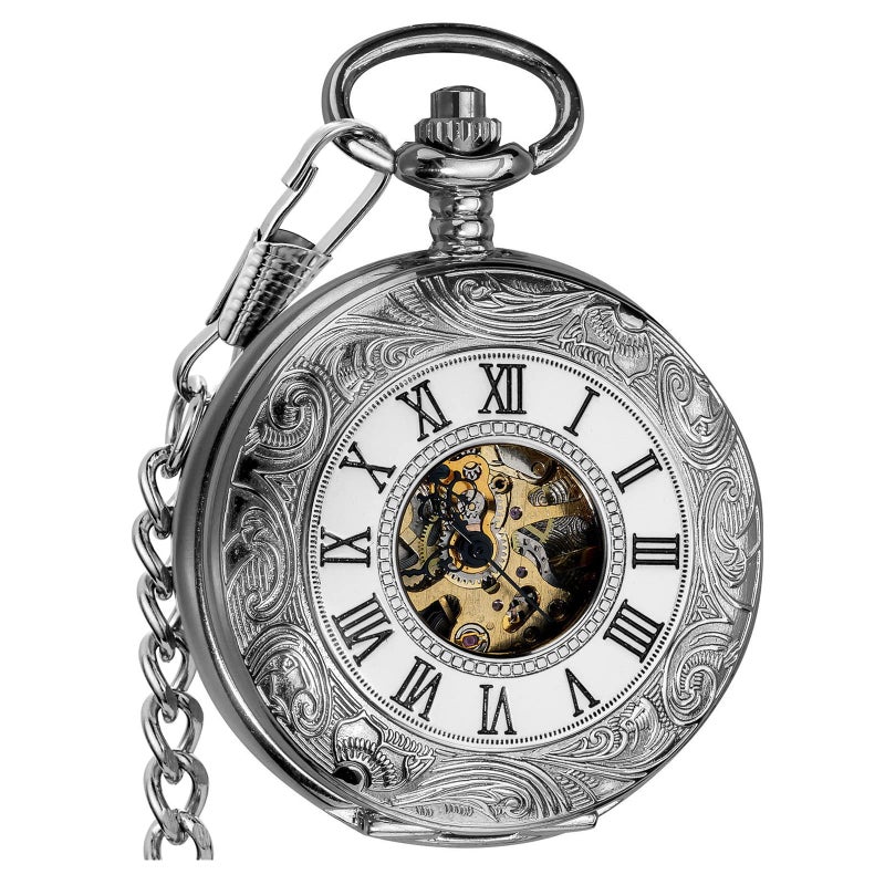 VIGOROSO Mens Pocket Watch with Chain Half Hunter Double Cover Skeleton Mechanical Men Watches Roman, Dad Christmas Gifts for Fathers Day - Image 1