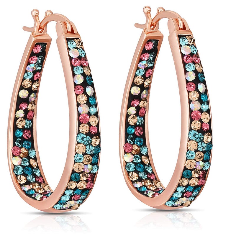 Savlano Inside Out Oval Shape Crystal Hoop Earrings For Women (Rose Gold Multicolor) - Image 5