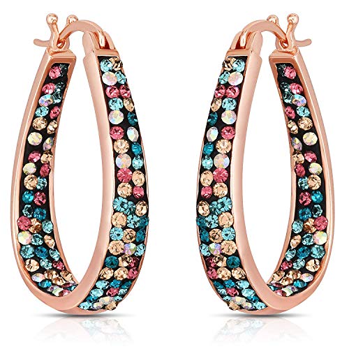 Savlano Inside Out Oval Shape Crystal Hoop Earrings For Women (Rose Gold Multicolor) - Image 2