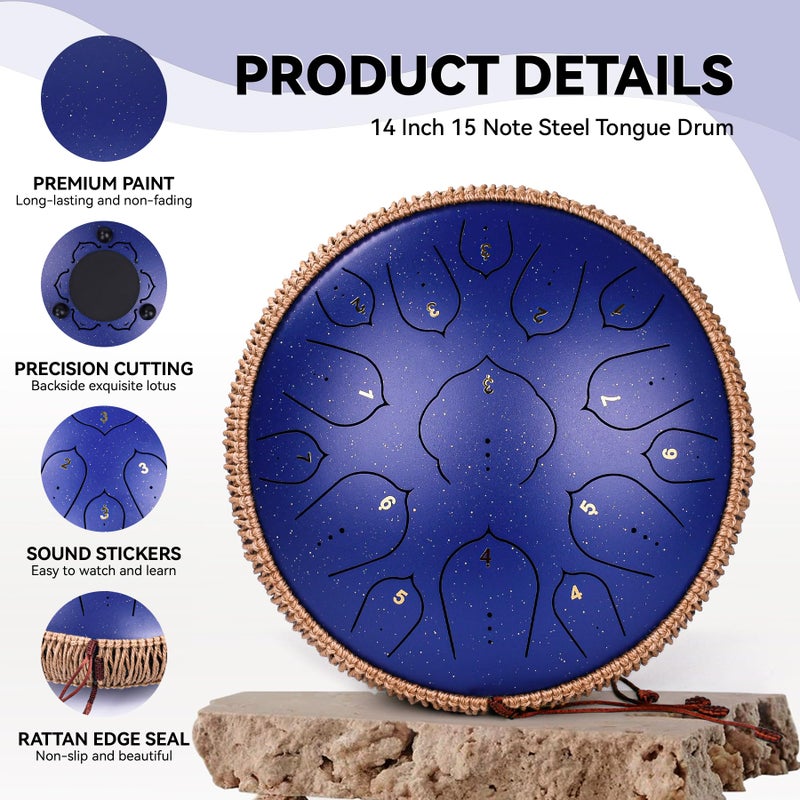 natraldrum Steel Tongue Drum - 15 Notes Steel Drum - 14 Inch Handpan Drum Instrument with Music Book,Tongue Drums Instrument Mallets and Carry Bag, Deepblue - Image 3