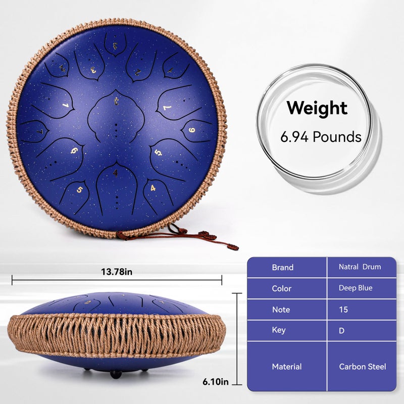 natraldrum Steel Tongue Drum - 15 Notes Steel Drum - 14 Inch Handpan Drum Instrument with Music Book,Tongue Drums Instrument Mallets and Carry Bag, Deepblue - Image 5