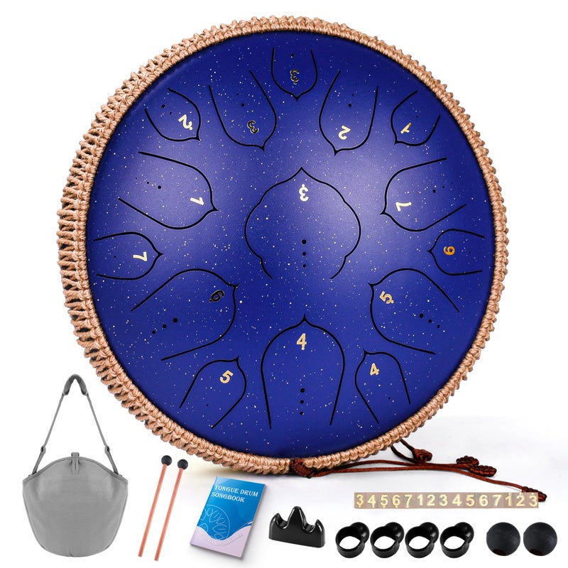 natraldrum Steel Tongue Drum - 15 Notes Steel Drum - 14 Inch Handpan Drum Instrument with Music Book,Tongue Drums Instrument Mallets and Carry Bag, Deepblue - Image 1