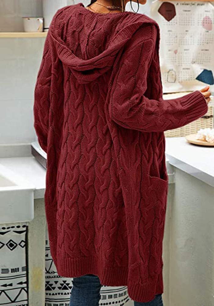 Bwogeeya Women Hooded Open Front Cardigan Cable Knit Sweaters Solid Color Chunky Long Sweater Coats - Image 2