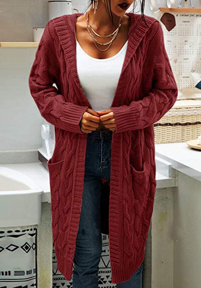 Bwogeeya Women Hooded Open Front Cardigan Cable Knit Sweaters Solid Color Chunky Long Sweater Coats - Image 1