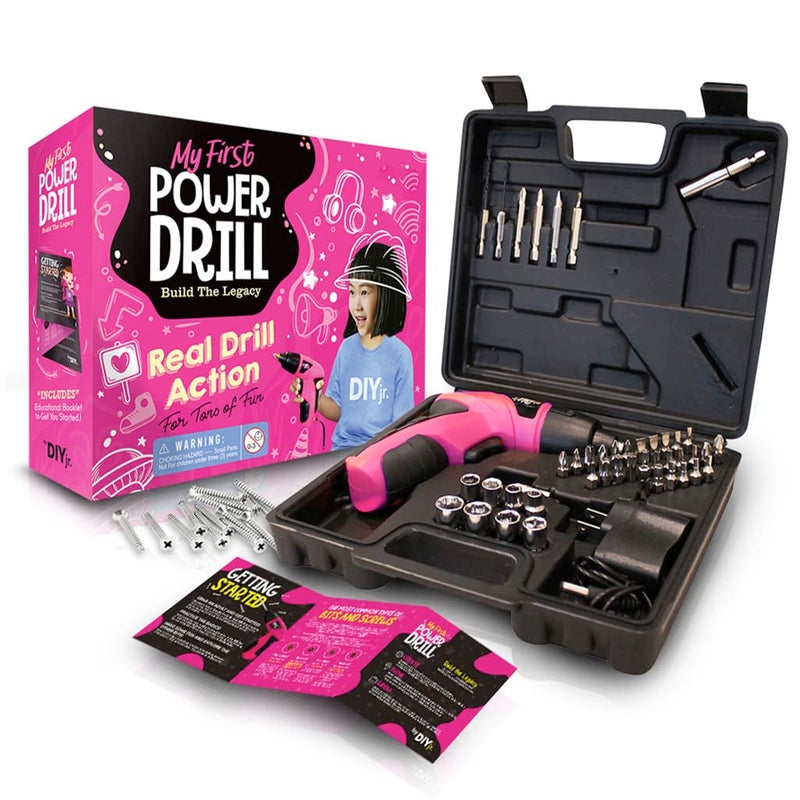 DIY jr My First Power Drill 60Piece Working Tool Set for Girls Rechargeable Cordless Pink Drill with LED Light Learning Building Construction Kit for Kids With Carrying Case Charger - Image 2