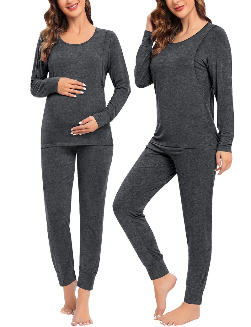 SWOMOG Women Maternity & Nursing Thermal Underwear Set Postpartum Pajamas Breastfeeding Long Sleeve Base Layer Pregnant Pjs Deep Grey - Image 3