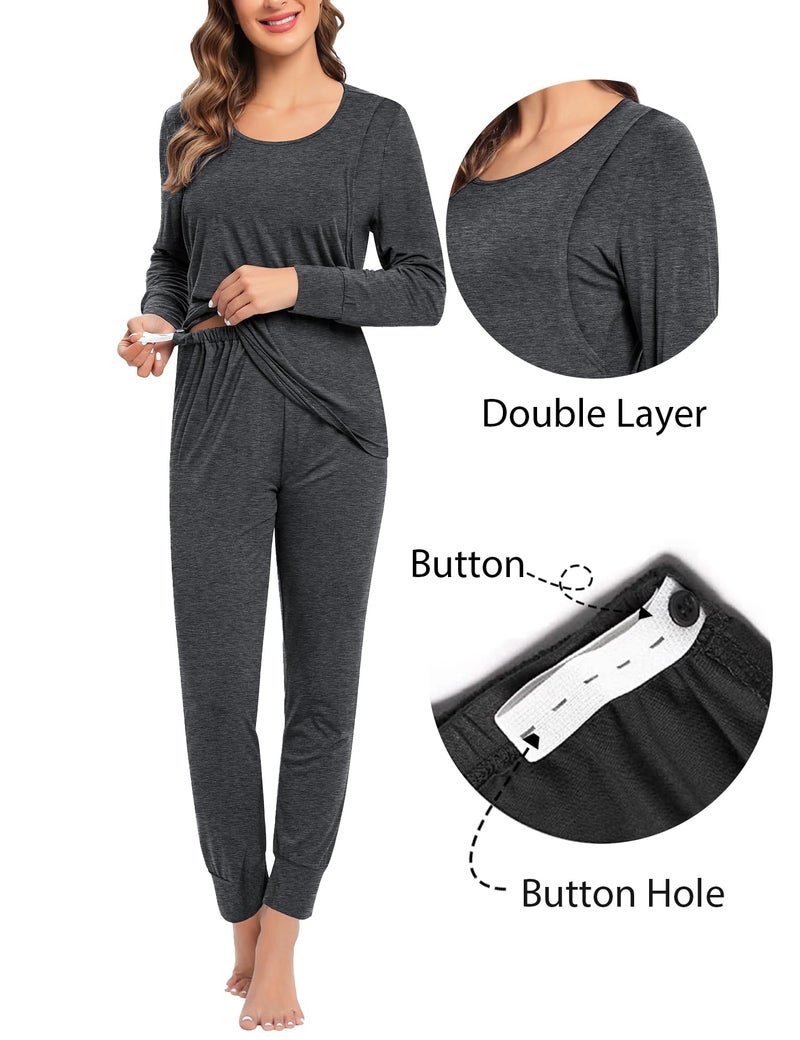 SWOMOG Women Maternity & Nursing Thermal Underwear Set Postpartum Pajamas Breastfeeding Long Sleeve Base Layer Pregnant Pjs Deep Grey - Image 2