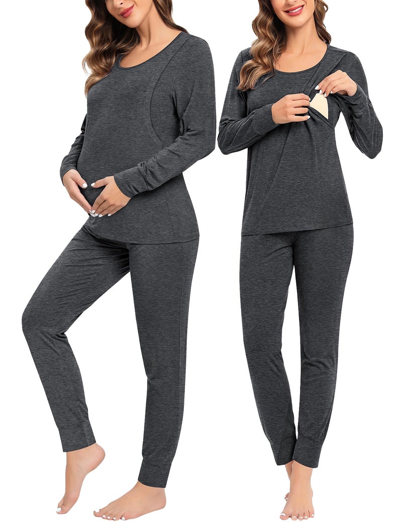 SWOMOG Women Maternity & Nursing Thermal Underwear Set Postpartum Pajamas Breastfeeding Long Sleeve Base Layer Pregnant Pjs Deep Grey - Image 1