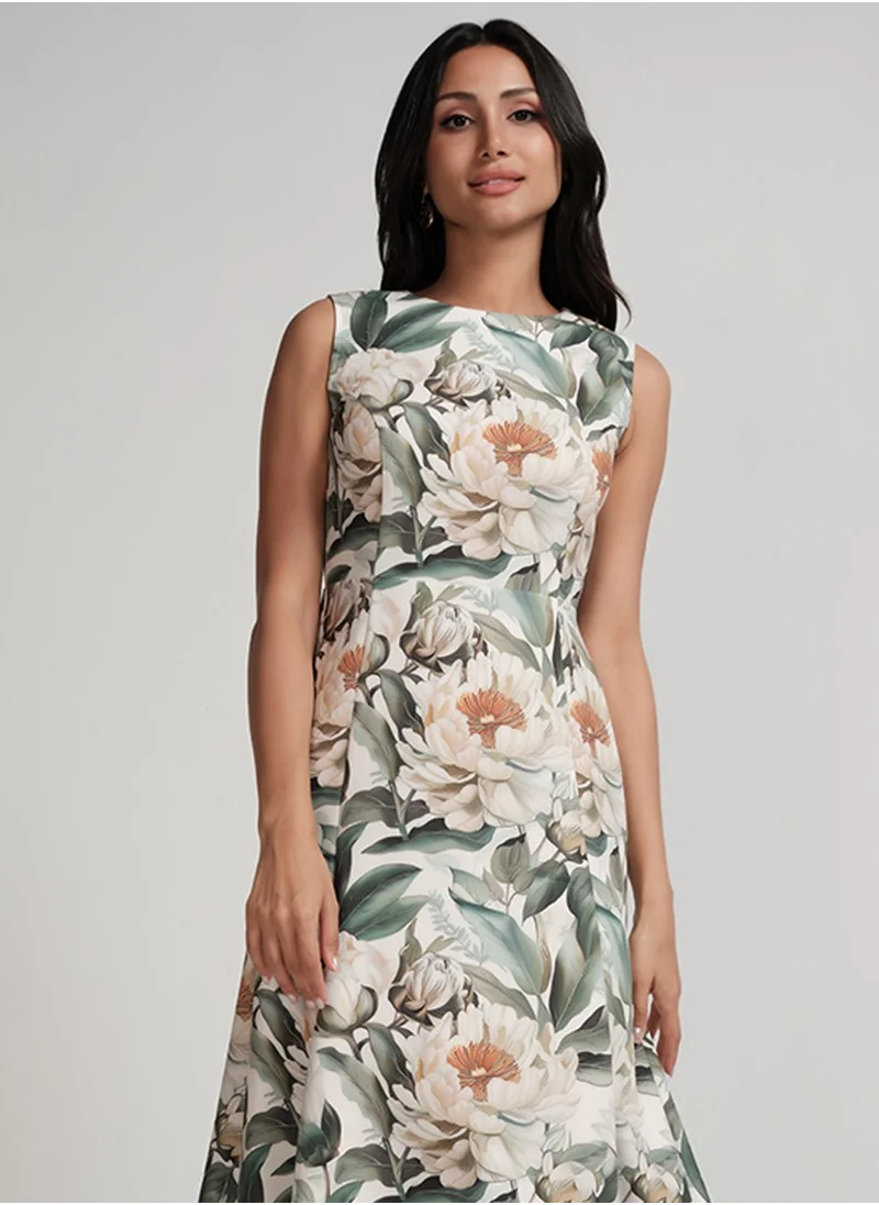 Zigzag Sleeveless Large Floral Printed Panel Skirt Dress