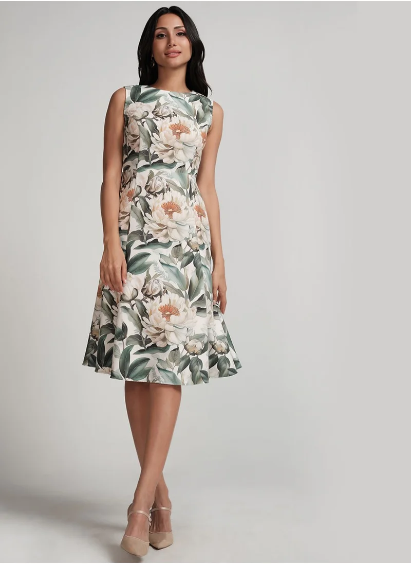 Zigzag Sleeveless Large Floral Printed Panel Skirt Dress