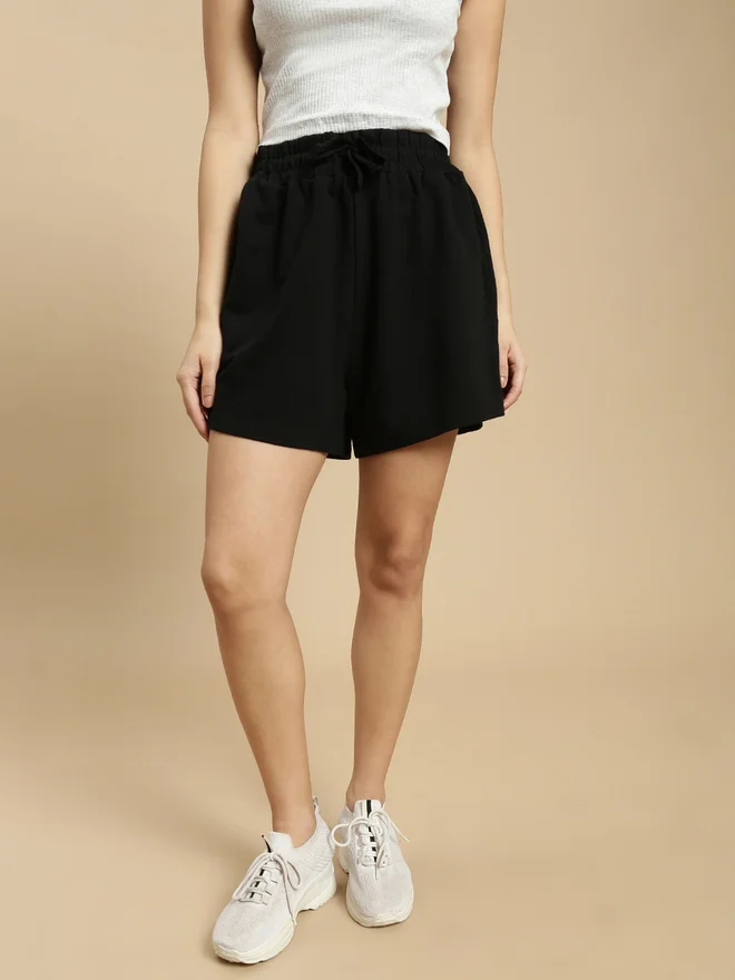 ECOLORE Black Plain Cotton Drawstring Waist Shorts